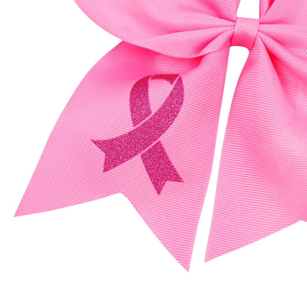 Large White Short Tail Bow with Breast Cancer Awareness Ribbon