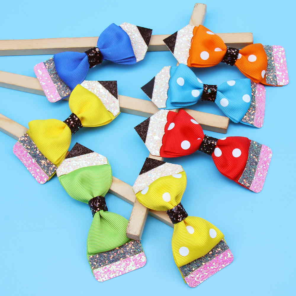 2 Pcs/Lot Glitter And Grosgrain School Hair Bow Clip
