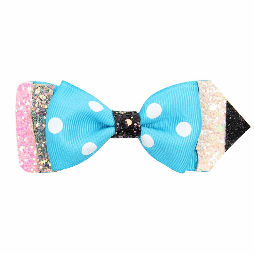 2 Pcs/Lot Glitter And Grosgrain School Hair Bow Clip
