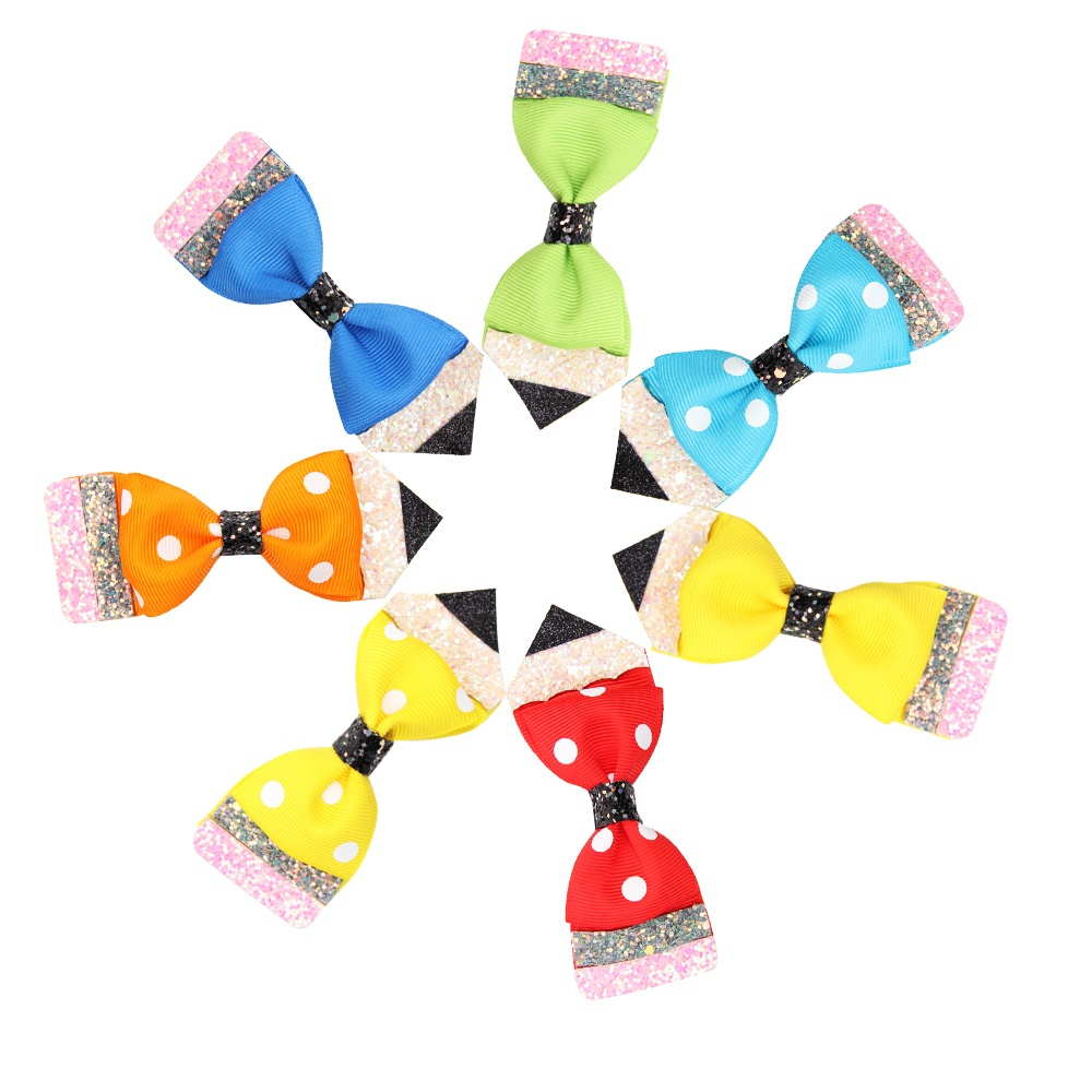 2 Pcs/Lot Glitter And Grosgrain School Hair Bow Clip
