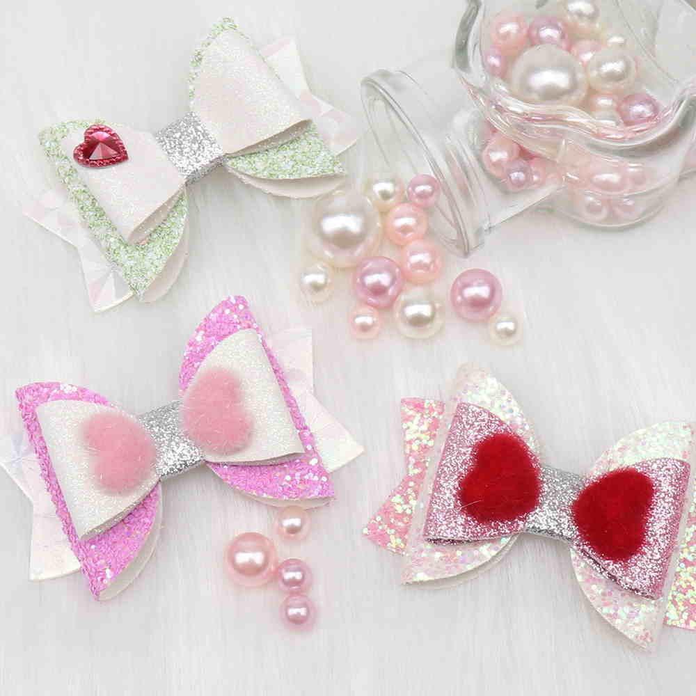 Valentine's Day Glitter & Leather Layered Bow Clip With Heart