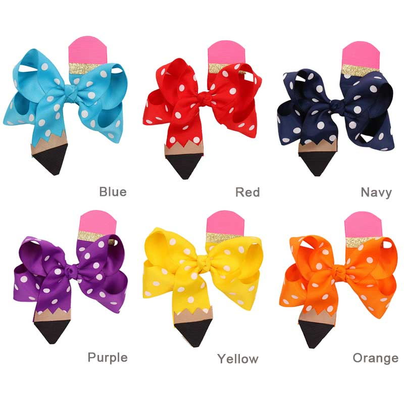 2 Pcs/Lot White Dot Print Pencil Hair Bows for Girls
